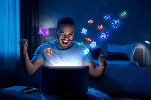 A young woman relaxing with her phone while dynamic casino elements float around her, illustrating the smooth mobile experience offered by the TALABAF app.